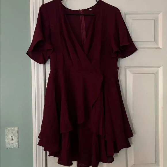 Red Asymmetrical Ruffled Wrap Dress - Picture 5 of 5
